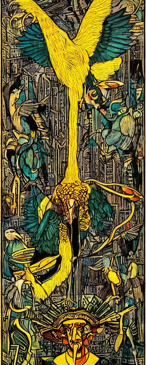 Image similar to ibis-headed god thoth, highly detailed, film noir, Jugendstil, soft focus, Möbius and art spiegelman