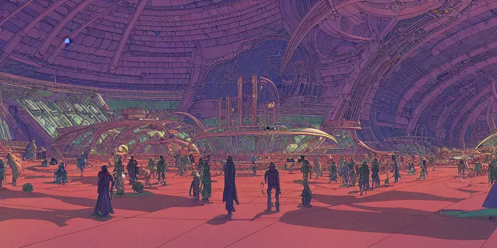Image similar to cel shaded cinematic shot of the interior of a sci-fi space station with ornate Elven architecture bustling with people, epic castle, emerald, crystalline, detailed illustration, sharp focus, crisp lines, art by Moebius, Jean Giraud Moebius comic illustration