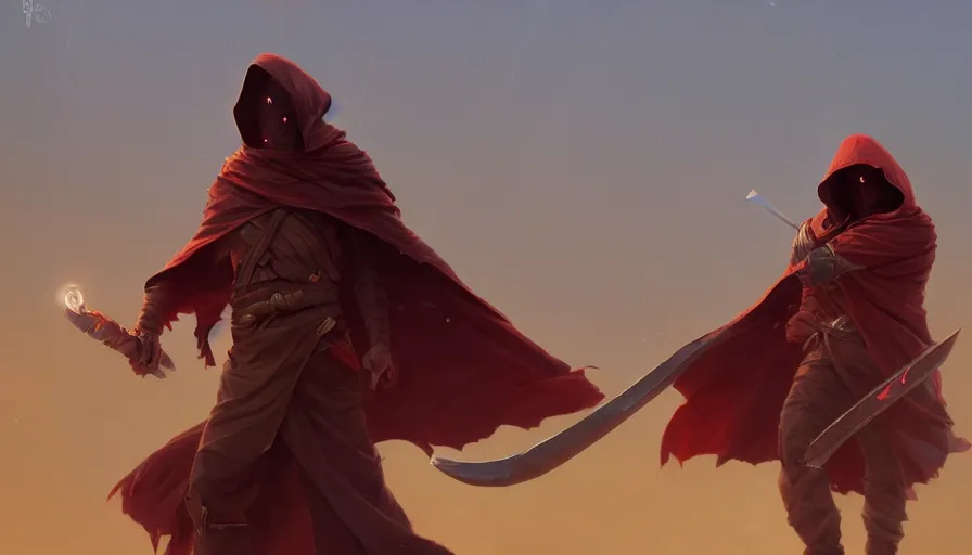 Image similar to no face warrior holding twin swords, sand bender, full body worn out damaged cape, red hoodie, worn out clothes, by caspar david friedrich by james gilleard and justin gerard, artstation, smooth, sharp focus, by jean baptiste, octane render