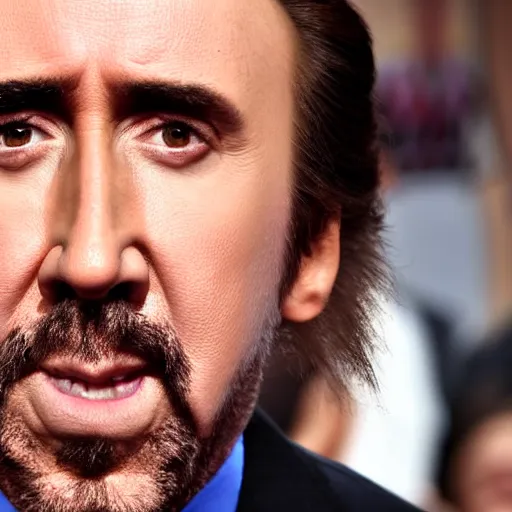 Prompt: nicolas cage tired, high, red eyes, hazy, very large forehead