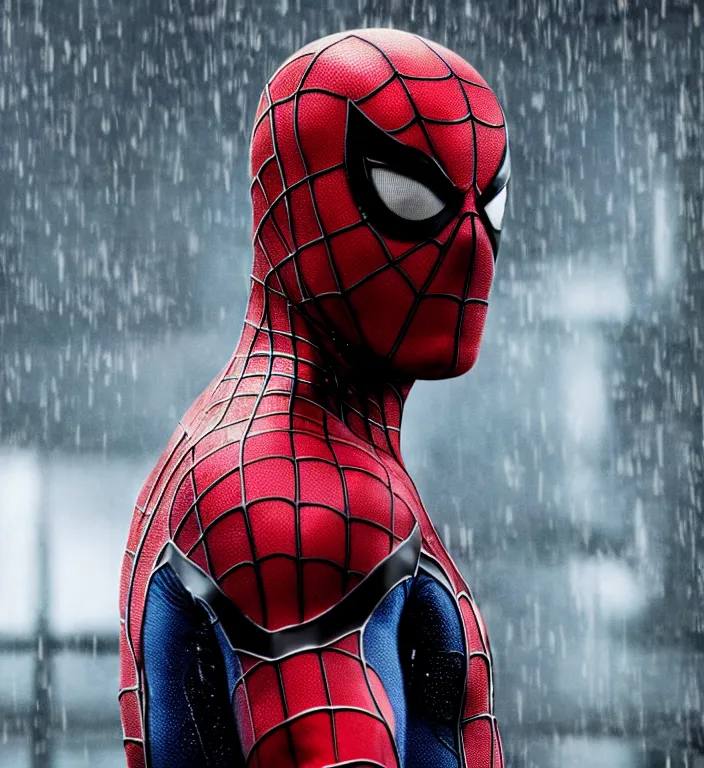 Image similar to cinematic still of jason statham as spiderman, dramatic rain, 8 k