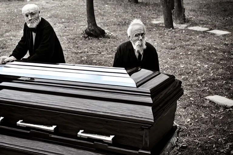 Image similar to a creepy old man playing a piano in the shape of a casket, with other caskets piled up in the back