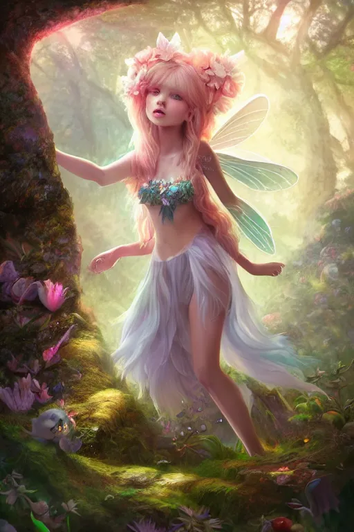 Image similar to a cute and geogerous fairy in the dreamy forest, fantasy, dreamlike, 8 k resolution, hyper detailed, d & d, character design, digital painting, trending on artstation, sharp focus, illustration, art by viktoria gavrilenko, hoang lap, fuji choko, steve zheng,