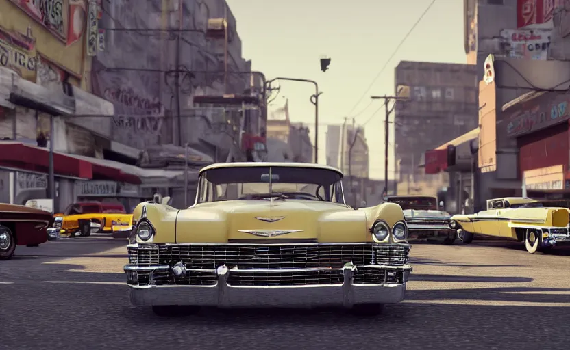 Prompt: vintage cadillacs and cars in liberty city, grand theft auto, photorealistic hyperdetailed 3 d matte painting, hyperrealistic, cinematic, unrealengine octane render,