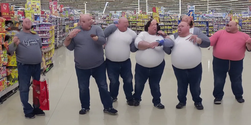 Image similar to three obese american coneheads fighting at wal - mart, detailed facial features