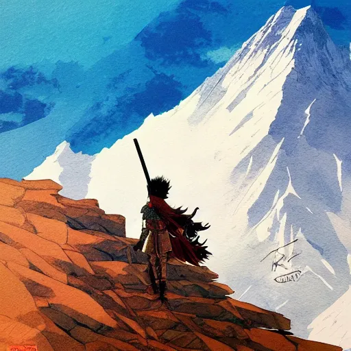 Image similar to painting of a lonesome warrior at the peak of himalayas, style of kentaro miura and conrad roset