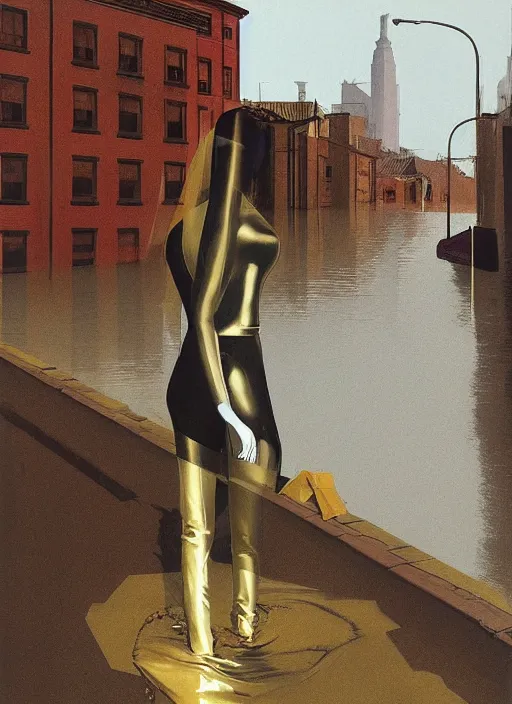 Prompt: futuristic woman dressed in transparent gold foil plastic bags with cutouts, on flooded street Edward Hopper and James Gilleard, Zdzislaw Beksinski, highly detailed