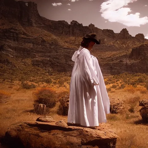 Image similar to photo, a woman wearing a giant wide flowy sheet with a still frame from a vintage western cowboy movie on it, standing inside a dark western rocky scenic landscape, volumetric lighting