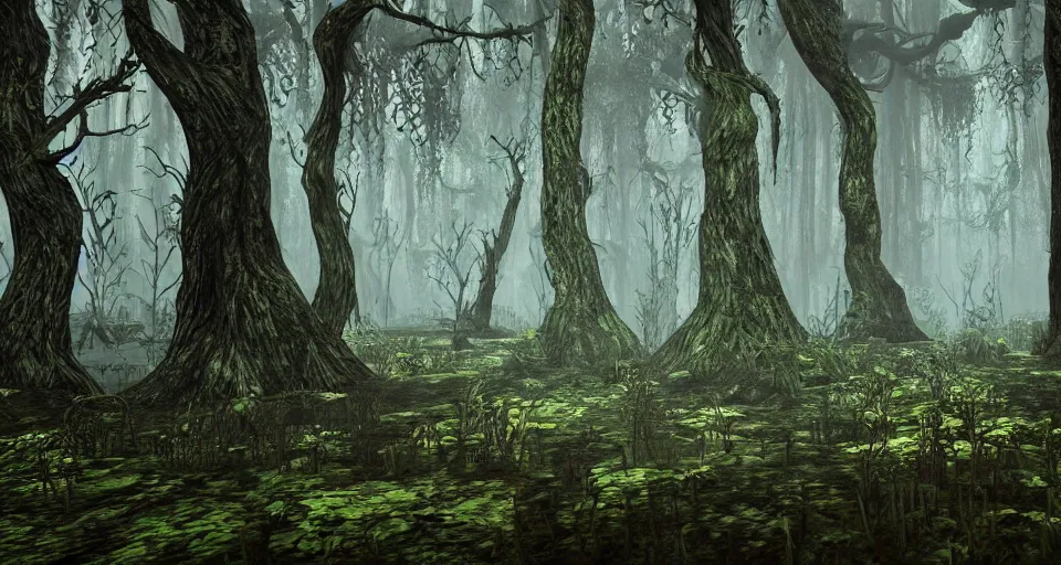 Prompt: A dense and dark enchanted forest with a swamp, from WOW