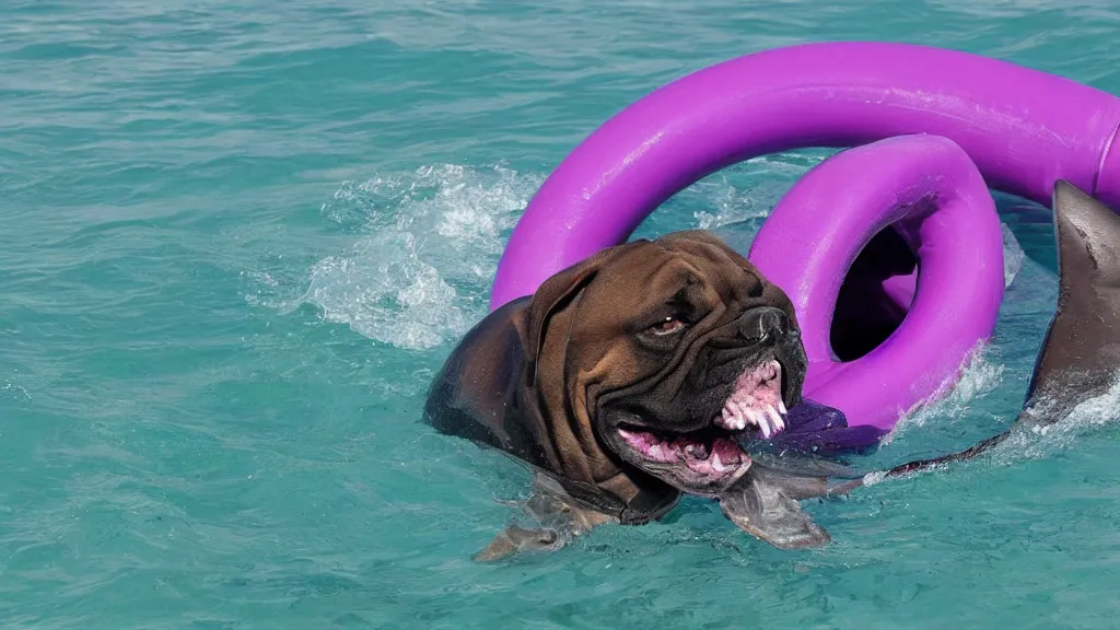 Prompt: A boerboel as a shark biting a purple inner tube