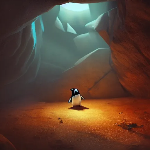 Image similar to lonely penguin playing in a cave, abandoned by its herd, cinematic lighting, 4k painting