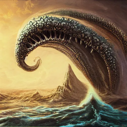 Prompt: a fractal leviathan rising from the sea over a small costal town, 8 k, detailed, unreal, eldritch, horror, ocean, kraken, viking, lovecraft, painting