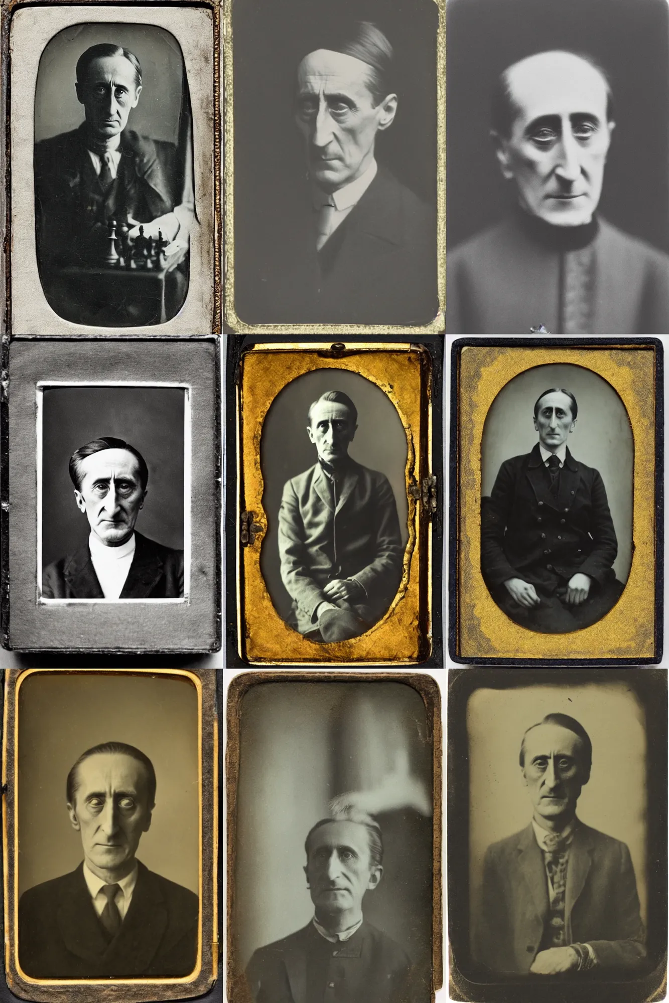 Prompt: an old tintype portrait of Marcel Duchamp as a piece of chess