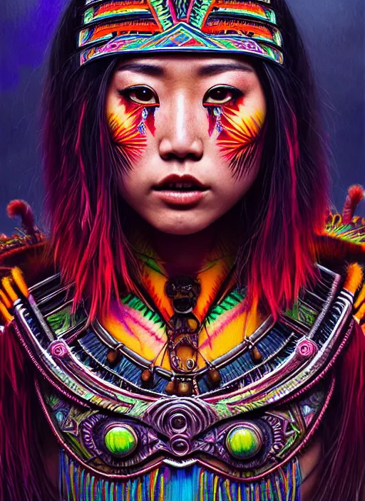 Image similar to portrait of karen fukuhara, hyper detailed ultra sharp aztec shaman warrior. trending on artstation, warpaint aesthetic, bloodwave, colorful, psychedelic, ornate, intricate, digital painting, concept art, smooth, sharp focus, illustration, art by artgerm and greg rutkowski and h. r. giger, 8 k