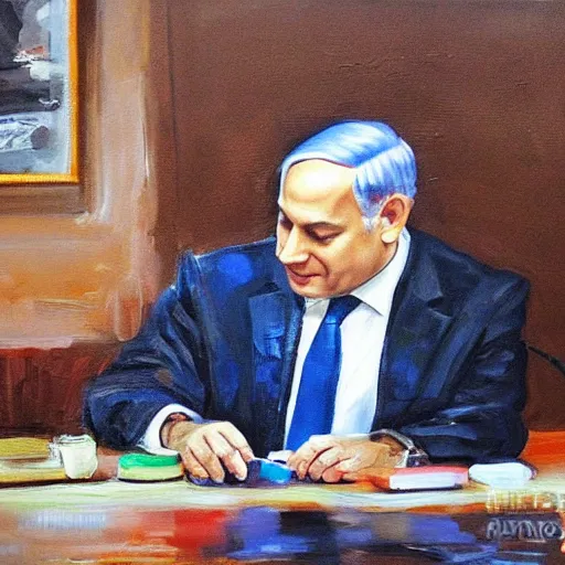 Image similar to benjamin netanyahu sir on table and talk on his phone. painting