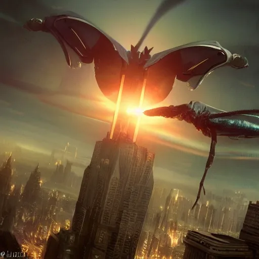 Image similar to a mantis kaiju with spread wings attacking a city, legendary epic shot, blade runner, low camera angle, dawn, by artgerm, ed repka, cloverfield movie, julie bell, beeple and Greg Rutkowski, airbrush, science fantasy, 50s, concept art, matte painting, Smooth gradients, octane render, 8k, High contrast, duo tone, depth of field, volumetric lightning, very coherent artwork