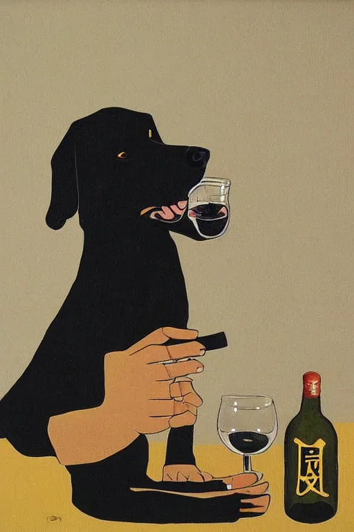 Prompt: a black dog drinking soju by leo lionni