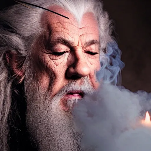 Image similar to gandalf eyes closed surrounded by smoke