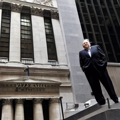 Prompt: warren buffet as spoderman standing outside wall street stock exchange, reality, realistic, detailed, 8 k, award winning, wide shot,