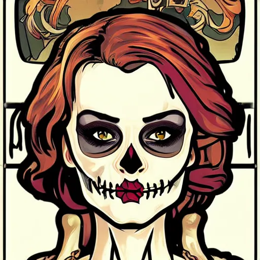 Image similar to comic book skull portrait gta5 girl cartoon skeleton illustration style by Alphonse Mucha pop art nouveau