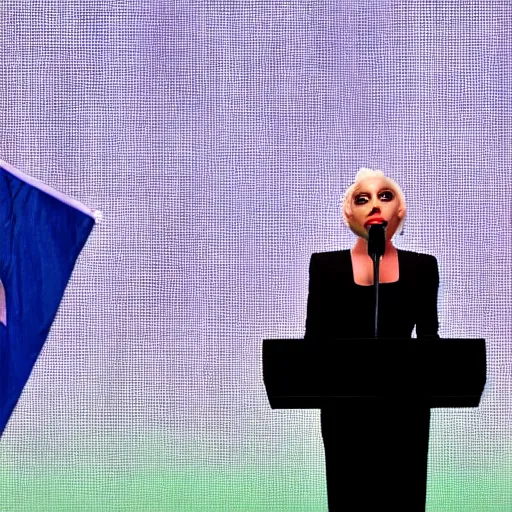 Image similar to Lady Gaga as president, Argentina presidential rally, Argentine flags behind, bokeh, giving a speech, detailed face, Argentina