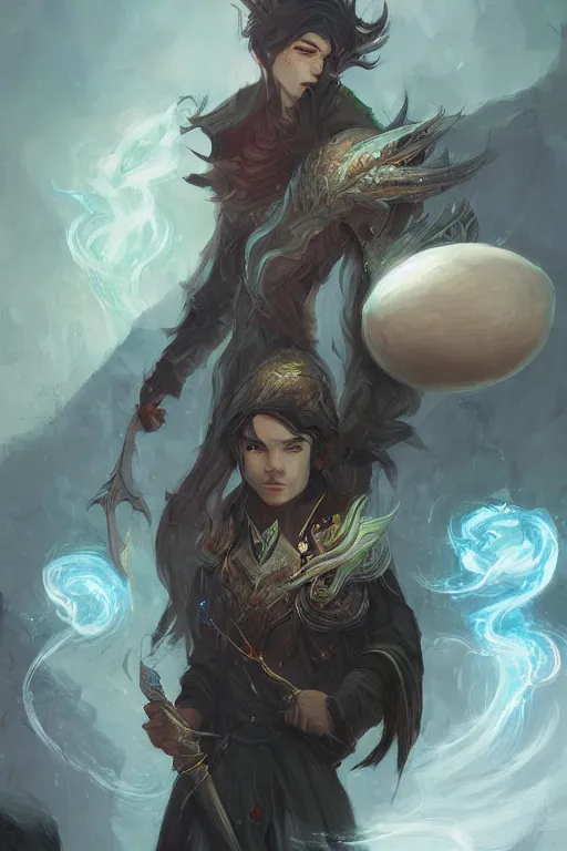 Image similar to portrait | elven teenage boy mage | long black hair | dragon egg | digital painting | modern fantasy | concept art | by peter mohrbacher | by wlop | by ruan jia