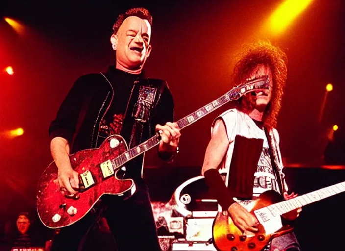 Image similar to publicity photo still of tom hanks in guns n roses playing live on stage, 8 k, live concert lighting, mid shot