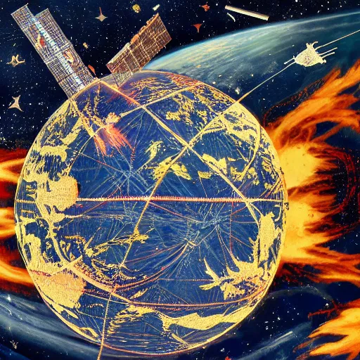 Image similar to highly detailed graphic poster with the world on fire, surrounded by space junk and old satellites, as seen from space, in the style of old botanical illustrations, matisse, caravaggio and japanese art, 4 k