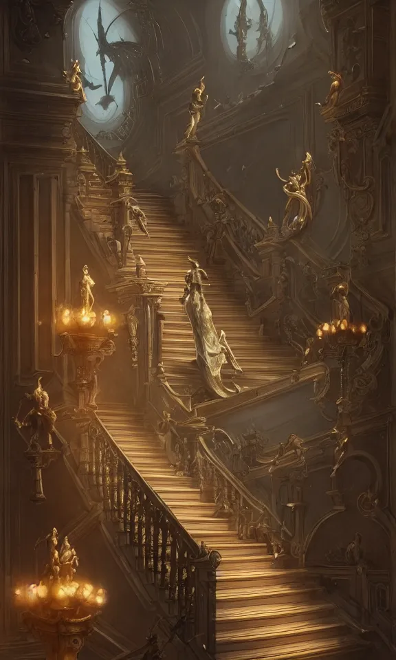 Image similar to straight staircase with ornate statues to heaven, art by greg rutkowski and peter mohrbacher, featured in artstation, octane render, cinematic, elegant, intricate, ultra detailed, rule of thirds, professional lighting, unreal engine, fantasy, concept art, sharp focus, illustration, 8 k