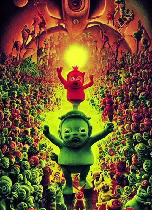 Image similar to disgusting teletubbies horror movie poster, grotesque, scary, high details, intricately detailed, by vincent di fate, artgerm julie bell beeple, inking, 1990s, vintage 90s print, screen print