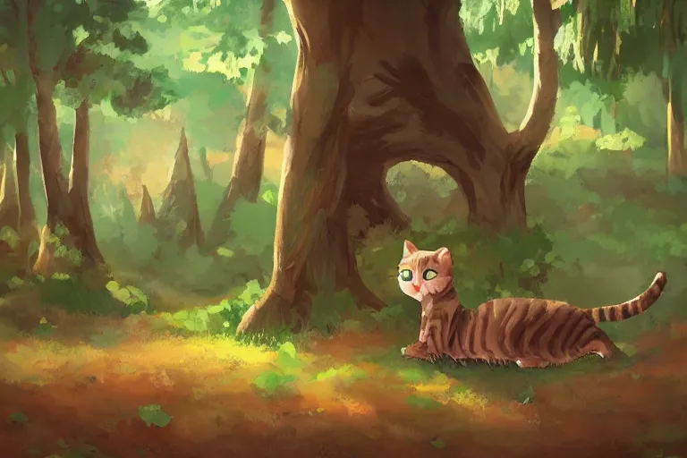 Image similar to cat in the forest, warm lighting, digital art, trending on artstation, fanart, by kawacy