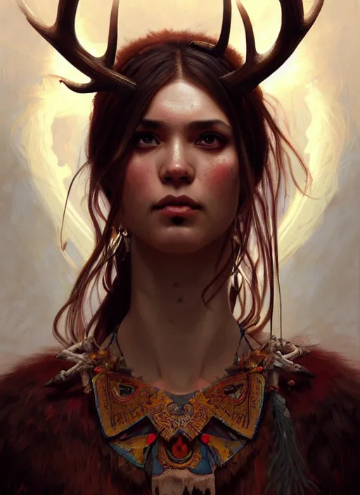 Prompt: portrait of shaman beautiful girl, intrigante, ¨ hedgear with antlers and bone parts, headshot, highly detailed, digital painting, artstation, concept art, sharp focus, cinematic lighting, illustration, art by artgerm and greg rutkowski, alphonse mucha, cgsociety