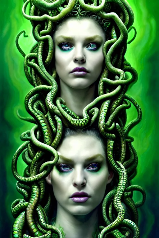 Image similar to hyperrealistic mixed media painting of beautiful Medusa, green scaley serpents in her hair, pale skin, serious evil expression, full body, stunning 3d render inspired art by P. Craig Russell and Barry Windsor-Smith + perfect facial symmetry + dim volumetric lighting, 8k octane beautifully detailed render, post-processing, extremely hyperdetailed, intricate, epic composition, grim yet sparkling atmosphere, cinematic lighting + masterpiece, trending on artstation, very very detailed, masterpiece, stunning