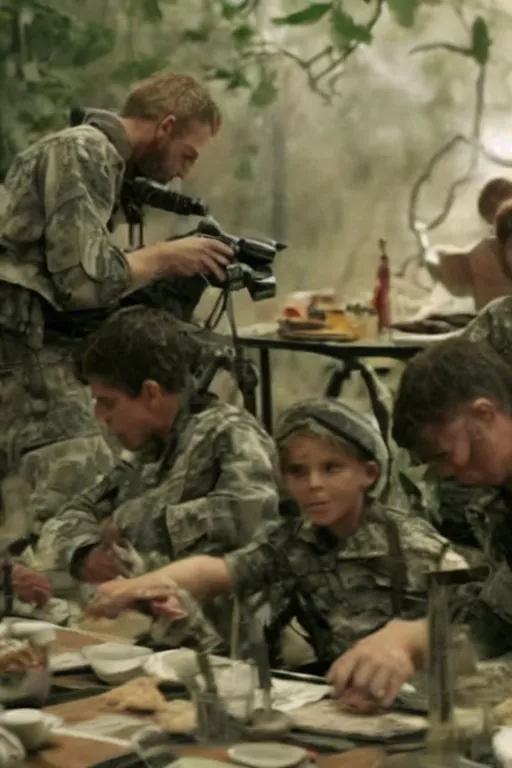 Prompt: cinematography of a tiny war happening on a dining table between militarized bush babies. by Roger Deakins