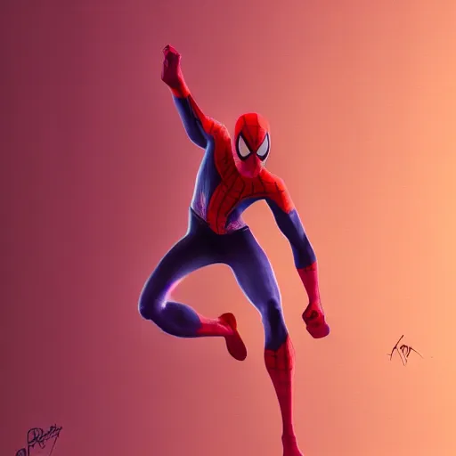 Prompt: concept render of an orange and red and purple and pink baby spiderman by cedric peyravernay and leon tukker