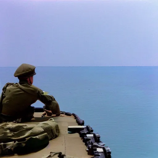 Prompt: film still, far view, landscape, emma watson soldier, vietnam patrol boat, kodak ektachrome, blue tint expired film,
