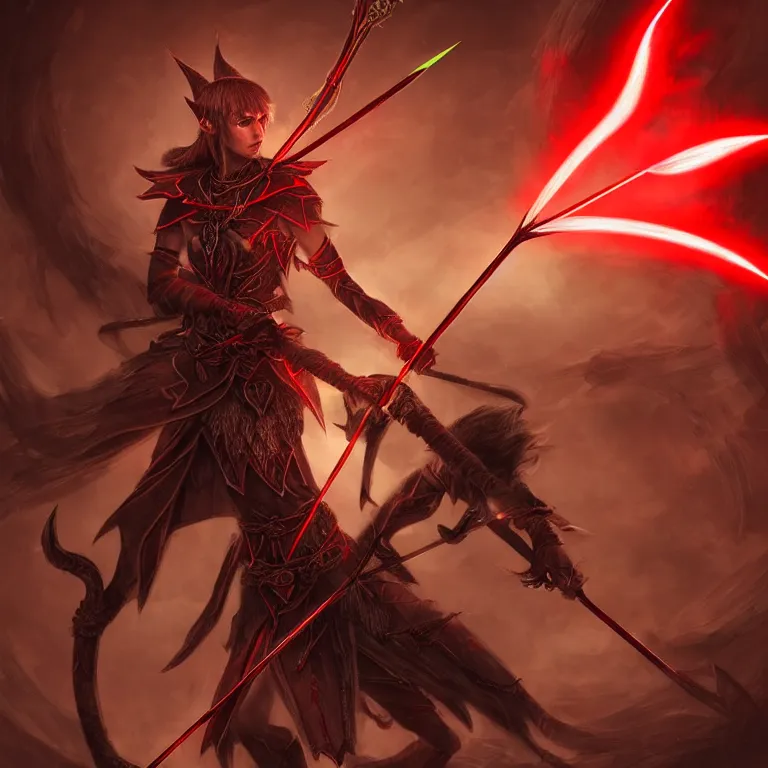 Image similar to A fantasy warrior elf having glowing red eyes, holding bow and arrow, intricate, elegant, portrait, gloomy background, sharp focus, concept art, art by tian zi