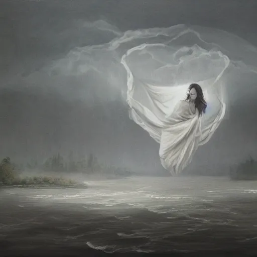 Prompt: ominous bedsheet ghost floating above a river, oil painting, brush strokes, gloomy misty atmosphere, symmetrical, full body image, highly ornate intricate details,