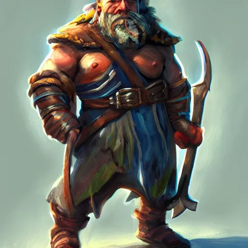 Prompt: portrait painting of a fantasy dwarf fighter with a huge iron axe, medium shot, asymmetrical, profile picture, organic painting, sunny day, matte painting, bold shapes, hard edges, street art, trending on artstation, y greg irons, dave sutherland