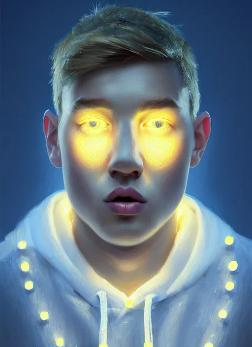 Image similar to portrait of high school senior boy named big moose, blonde short hair, jock, beefy, wide face, square jaw, square facial structure, blue varsity jacket with letter r, intricate, elegant, glowing lights, highly detailed, digital painting, artstation, concept art, sharp focus, illustration, art by wlop, mars ravelo and greg rutkowski