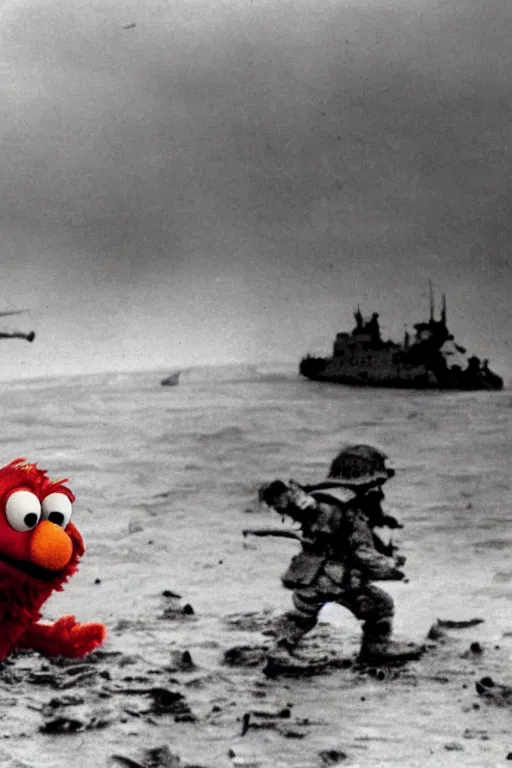 Image similar to an epic scene of elmo on the battlefield on d - day storming the beaches of normandy, wide - angle