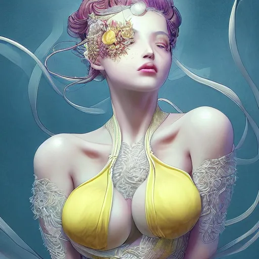 Prompt: the portrait of a sensual lemon that resembles an absurdly beautiful, graceful, elegant gravure idol covering herself looking up, an ultrafine hyperdetailed hyperrealistic illustration by kim jung gi, irakli nadar, intricate linework, bright colors, octopath traveler, final fantasy, unreal engine 5 highly rendered, global illumination, radiant light, detailed and intricate environment