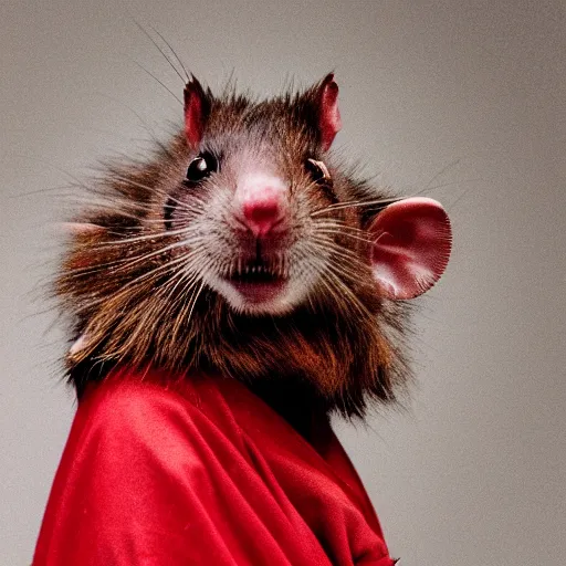 Image similar to a portrait of a human-rat hybrid with brown fur wearing a red kimono, hyper realistic, photography, film still