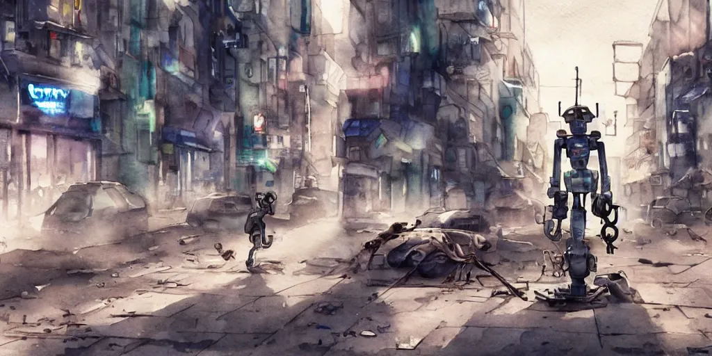 Image similar to watercolour painting of a broken robot repairing its own arm in a post apocalyptic city street, anime, pencil lines, light watercolour, pale sky, dirty streets, beautiful artwork, anime screenshot, akihabara, remaster