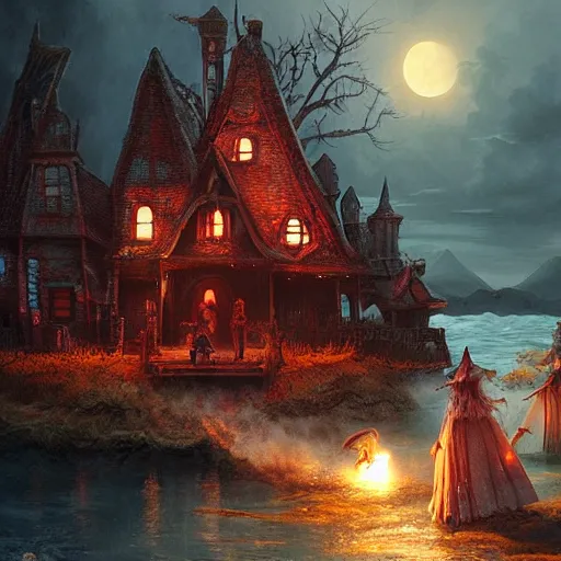 Image similar to scary witches in front of a candy witch house, floating on the ocean, epic scene, fantasy, cinematic, hyper - detailed, in the style of greg rutkowski
