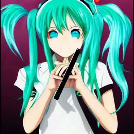 Image similar to hatsune miku getting high by smoking weed, bloodshot eyes, smoke everywhere