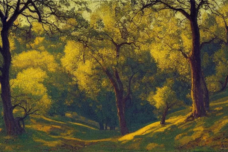 Image similar to masterpiece painting of oak trees on a hillside overlooking a creek, dramatic lighting, by daniel garber