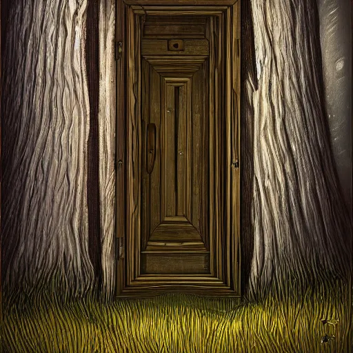 Image similar to an old and misteriouly looking wooden door in the depths of the forest, fantady painting, trending on artstation, high res, full hd, award winning