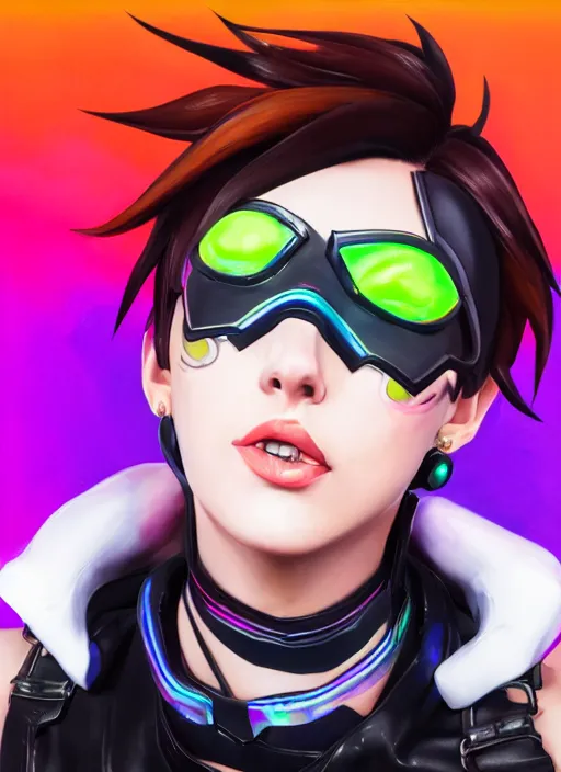 Image similar to full body overwatch style oil painting portrait of tracer overwatch, confident pose, wearing black iridescent rainbow latex, rainbow, neon, 4 k, expressive surprised expression, makeup, wearing black choker, studio lighting, black leather harness, expressive detailed face and eyes,