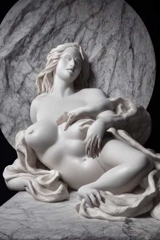 Image similar to Photo of a Marble Sculpture of Aphrodite lying on a silk cloth, fog, volumetric lighting, highly detailed, award winning, trending on artstation.